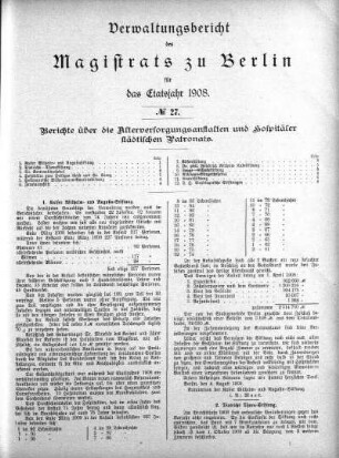No. 27. Berichte über die Altersversorgungsanstalten und Hospitäler städtischen Patronats