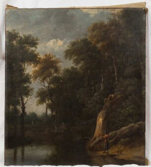 Waldlandschaft mit Angler und Jäger