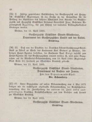 36. Ministerial-Bekanntmachung, Wechsel in der Haupt-Agentur der Deutschen Lebens-Versicherungs-Gesellschaft zu Lübeck betreffend