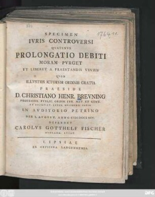 Specimen Ivris Controversi Qvatenvs Prolongatio Debiti Moram Pvrget Et Liberet A Praestandis Vsvris