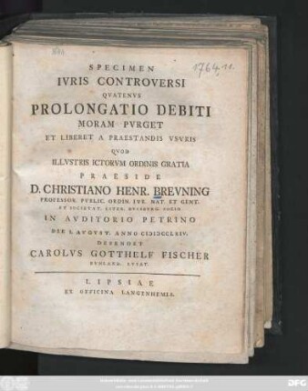 Specimen Ivris Controversi Qvatenvs Prolongatio Debiti Moram Pvrget Et Liberet A Praestandis Vsvris
