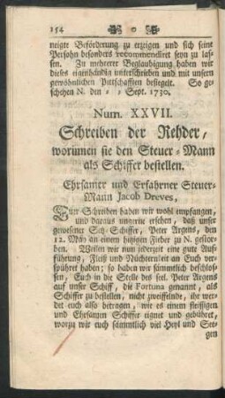 Num. XXVII. Schreiben der Rehder, worinnen sie den Steuer-Mann als Schiffer bestellen