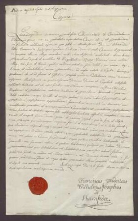 Procuratorium des Franz Friedrich Sturmfeder von Oppenweiler für den Vikar Hepp.