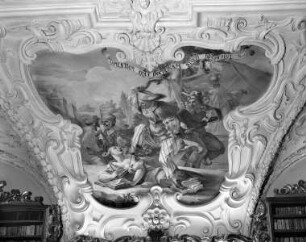 "Vera sapientia demonstratur", Allegorien der Weisheit mit Bezug auf die Klosterbibliothek — Narren erschlagen die Weisheit: "Sapientia atque doctrinam stuli despiciunt" (Sprüche, 1:7)