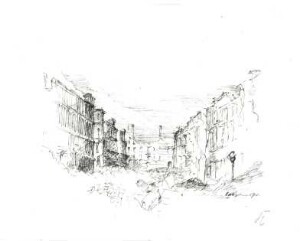 Kinder, Hans: Zerstörte Straße in Dresden. 1945. Federzeichnung, Tusche auf Zeichenpapier; 20 x 25,1 cm. Dresden: Kupferstich-Kabinett C 1981-266, BAE 470