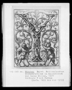 Alphabetstiche in Knorpelwerk: Initiale Y mit Putto