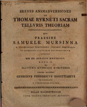 Breves animadversiones in Thomae Burneti Sacram telluris theoriam