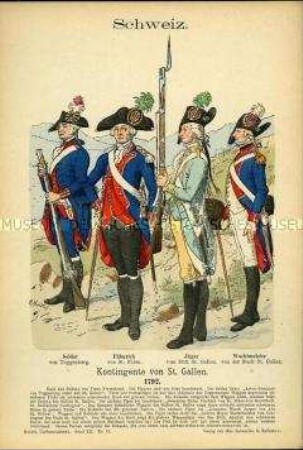 Uniformdarstellung, St. Gallener Infanterist, Fähnrich, Jäger und Wachtmeister, Schweiz, 1792.