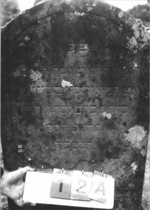 Grabstein 12 (Index: 99799593) Material: gelber Sandstein Zustand: verwittert Maße HxBxT: 122x61x10 cm Beschreibung: Stele, eingezogener Segmentbogenabschluß, Schriftfeld eingetieft: Grabstein 12A