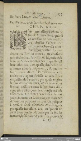 Des Metaux, & de la recherche de leurs mines. Chap. XXIX.