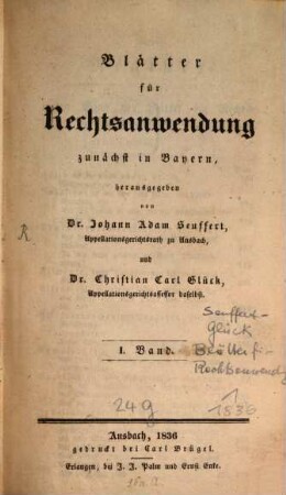Blätter für Rechtsanwendung : zunächst in Bayern, 1. 1836