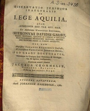 Dissertatio Iuridica Inauguralis De Lege Aquilia