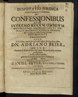 Disputatio Iuridica Civilis-Canonico-Criminalis De Confessionibus