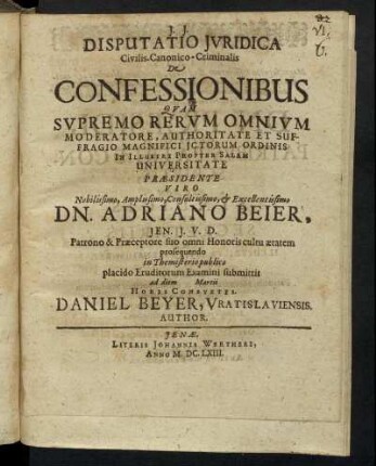 Disputatio Iuridica Civilis-Canonico-Criminalis De Confessionibus