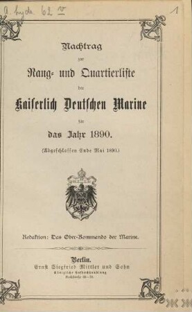 Rangliste der Kaiserlich-Deutschen Marine. Nachtrag zur Rangliste der Kaiserlich-Deutschen Marine : für d. Jahr ..., 1890, Nachtr.