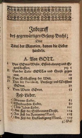 Inbegriff des gegenwärtigen Gesang-Buchs; oder Titul der Materien, davon die Lieder handeln