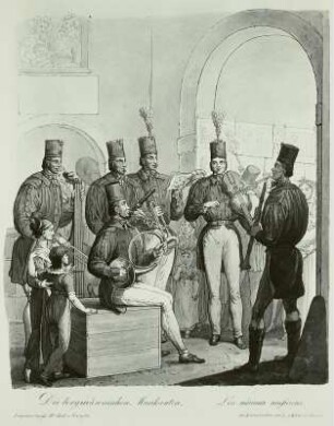Die bergmännischen Musikanten : Opiz, Georg Emanuel: Die bergmännischen Musikanten. Aus: Leipziger Messe, Heft 2. Umrißradierung, koloriert; 28 x 23,5 cm. 1825. Leipzig: Stadtgeschichtliches Museum XV B KK 35