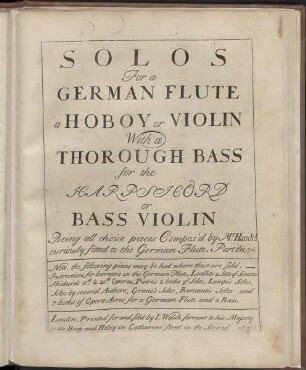 Solos for a German flute a hoboy or violin with a thorough bass for the harpsicord or bass violin
