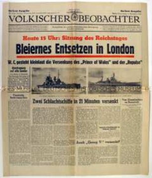Tageszeitung "Völkischer Beobachter" u.a. zur Versenkung von zwei britischen Kriegsschiffen