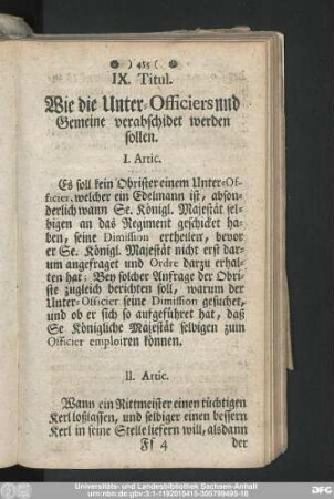 IX. Titul. Wie die Unter-Officiers und Gemeine verabschidet werden sollen.