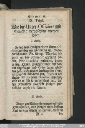 IX. Titul. Wie die Unter-Officiers und Gemeine verabschidet werden sollen.