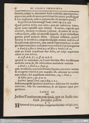 Caput III. De Juribus Foeminarum praecipuis, quae ex feudis masculis percipere possunt