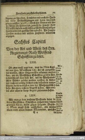 Sechstes Capitel Von der Art und Weise des Hrn. Regierungs-Rath Wolffens Schrifften zu lesen
