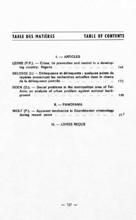 Table de matières - Table of contents