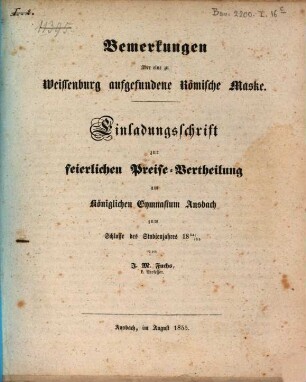 Einladungsschrift zur feierlichen Preise-Vertheilung am Königlichen Gymnasium Ansbach : zum Schlusse des Studien-Jahres ... 1854/55