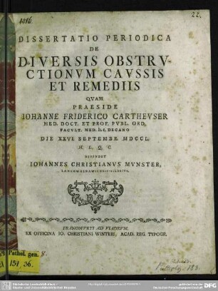 Dissertatio Periodica De Diversis Obstructionum Caussis Et Remediis