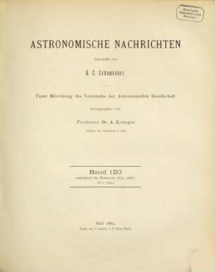 Astronomische Nachrichten : = Astronomical notes. 120. 1889