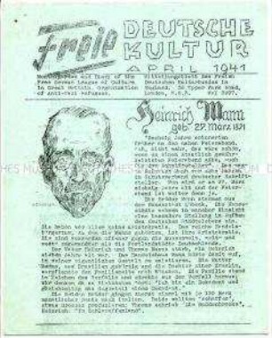 Hektografiertes Mitteilungsblatt des Freien Deutschen Kulturbundes in England u.a. zum 70. Geburtstag von Heinrich Mann