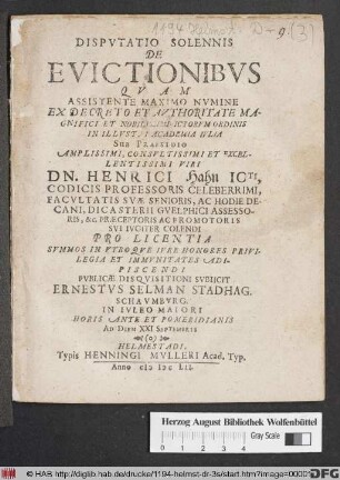 Disputatio Solennis De Evictionibus