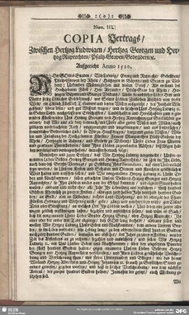 Num. III. Copia Vertrags, Zwischen Hertzog Ludwigen, Hertzog Georgen und Hertzog Ruprechten, Pfaltz-Graven, Gebrüdern [et]c. Aufgericht Anno 1520