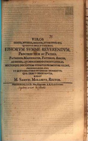 Viros ... inclytissimos ... propridie Calend. Iunii ut actui oratorio interesse dignentur ... rogat Samuel Moller : [Insunt singularia de columbis]