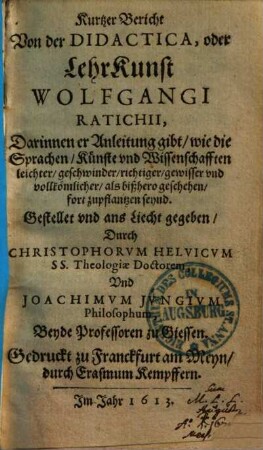 Kurtzer Bericht von der Didactica ... Ratichii ...