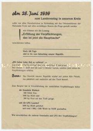 Aufruf zur Kontrolle der Planerfüllung in landwirtschaftlichen Betrieben am Landsonntag im Kreis Stadtroda, in Vorbereitung des 10. Jahrestages der DDR-Gründung