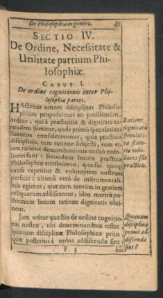 Sectio IV. De Ordine, Necessitate & Utilitate partium Philosophiae.