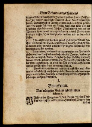 I. Vom Ersten. Das nötig sey Jhesum Christum zu bekennen.