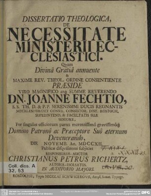 Dissertatio Theologica, De Necessitate Ministerii Ecclesiastici