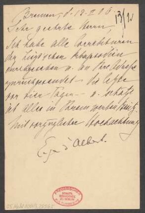 Brief an B. Schott's Söhne : 12.02.1906