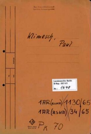 Personenheft Paul Klimesch (*20.01.1899), Polizeiobersekretär