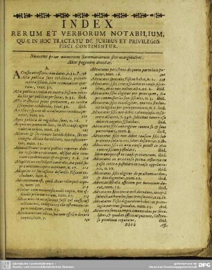 Index Rerum Et Verborum Notabilium, Quae In Hoc Tractatu De Juribus Et Privilegiis Fisci Continentur