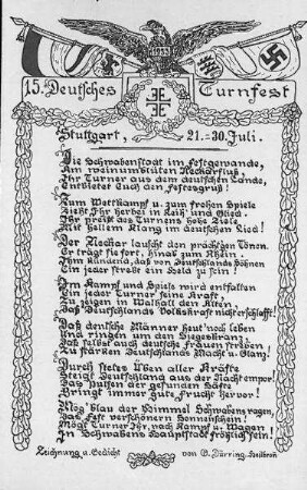 Gedicht von G. Dürring, Heilbronn, zum 15. Dt. Turnfest in Stuttgart 1933 "Die Schwabenstadt im Festgewand..."