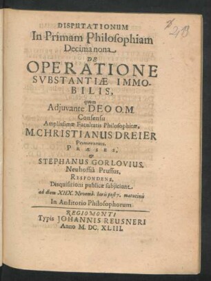 Disputationum In Primam Philosophiam Decima nona De Operatione Substantiae Immobilis