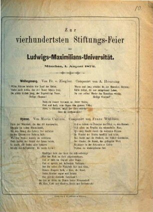 Zur vierhundertsten Stiftungs-Feier der Ludwigs-Maximilians-Universität : München, 1. August 1872.