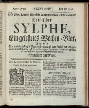 (XCVI. Stück.) den 28. Nov. Anno 1752.