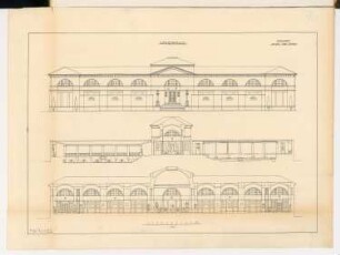 Urnenhalle Monatskonkurrenz Dezember 1913: Aufriss Vorderansicht, Rückansicht, Längsschnitt 1:100; Maßstabsleiste