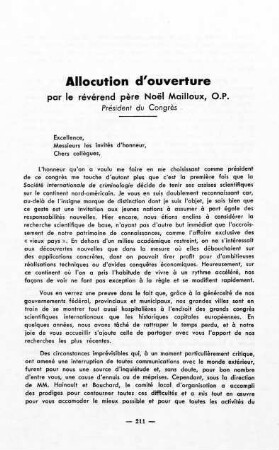 211-214, Allocution d'ouverture par le révérend père Noël Mailloux, O.P., Président du Congrès