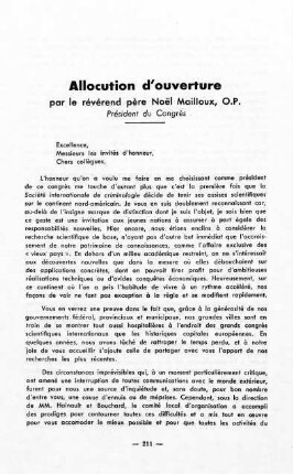 211-214, Allocution d'ouverture par le révérend père Noël Mailloux, O.P., Président du Congrès